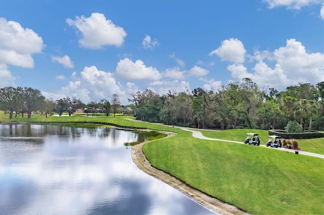 view of property's community with a water view and a yard