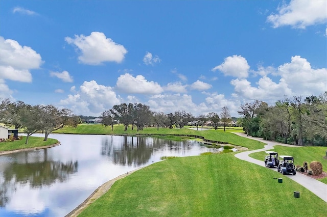 view of community featuring a lawn and a water view