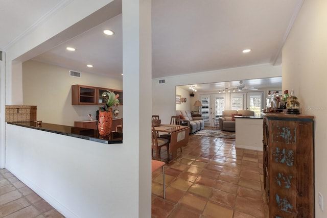 2723 59th St, Sarasota, FL 34243 - interior space with crown molding, a ceiling fan, visible vents, and recessed lighting