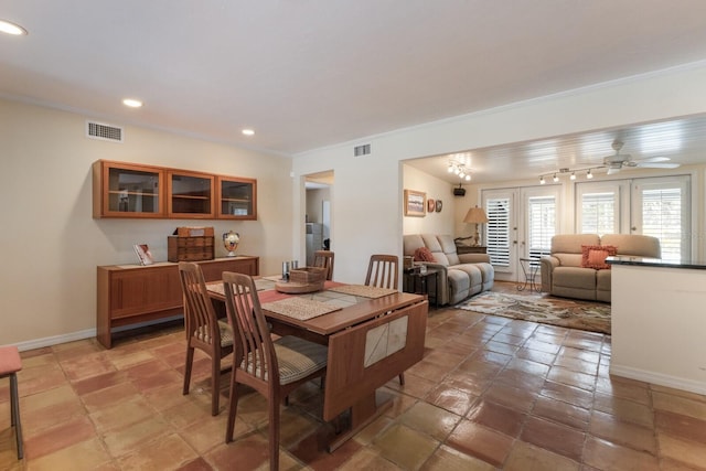 2723 59th St, Sarasota, FL 34243 - dining room featuring visible vents, ornamental molding, baseboards, ceiling fan, and recessed lighting