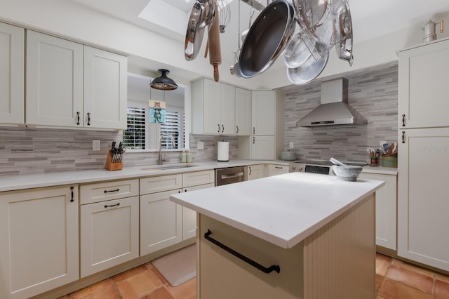 2723 59th St, Sarasota, FL 34243 - kitchen with wall chimney range hood, backsplash, dishwasher, a sink, and light countertops