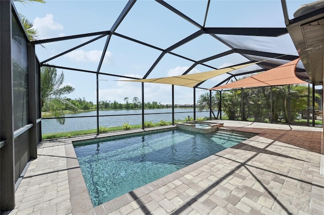 13587 Vancanza Dr, Venice, FL 34293 - view of swimming pool with a patio, a water view, a pool with connected hot tub, and glass enclosure