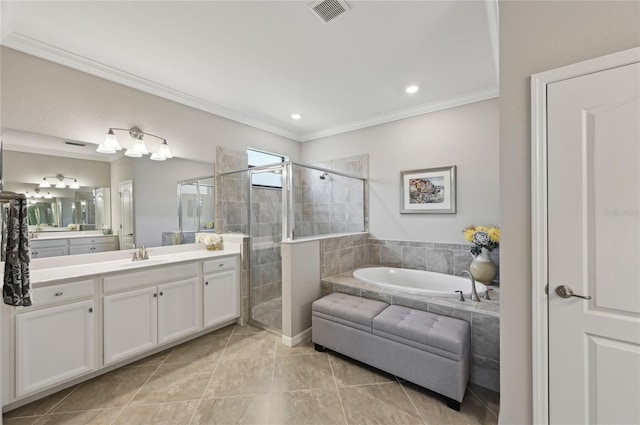 13587 Vancanza Dr, Venice, FL 34293 - bathroom featuring visible vents, a shower stall, vanity, tile patterned floors, and ornamental molding