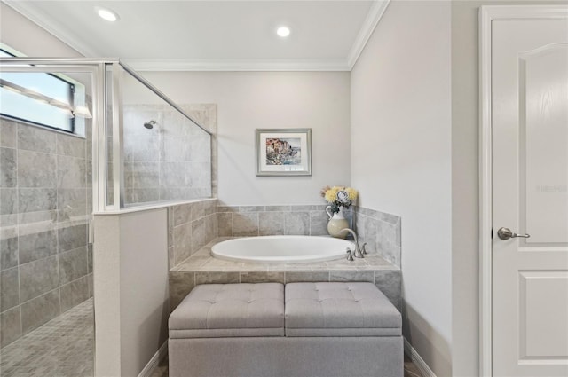 13587 Vancanza Dr, Venice, FL 34293 - bathroom featuring a walk in shower, recessed lighting, ornamental molding, and a garden tub