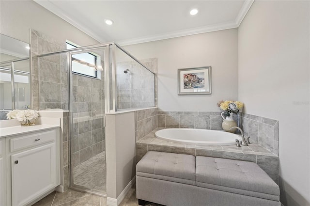 13587 Vancanza Dr, Venice, FL 34293 - full bath with a garden tub, crown molding, a stall shower, vanity, and recessed lighting