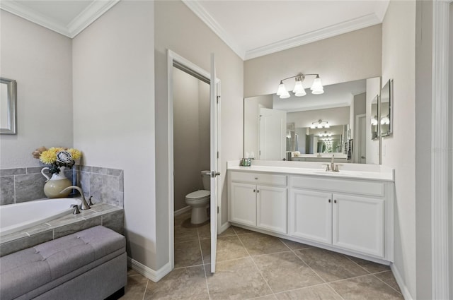 13587 Vancanza Dr, Venice, FL 34293 - bathroom with vanity, ornamental molding, a garden tub, tile patterned flooring, and toilet