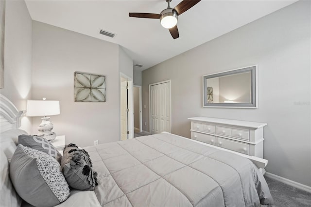 13587 Vancanza Dr, Venice, FL 34293 - bedroom featuring ceiling fan, visible vents, carpet floors, baseboards, and a closet
