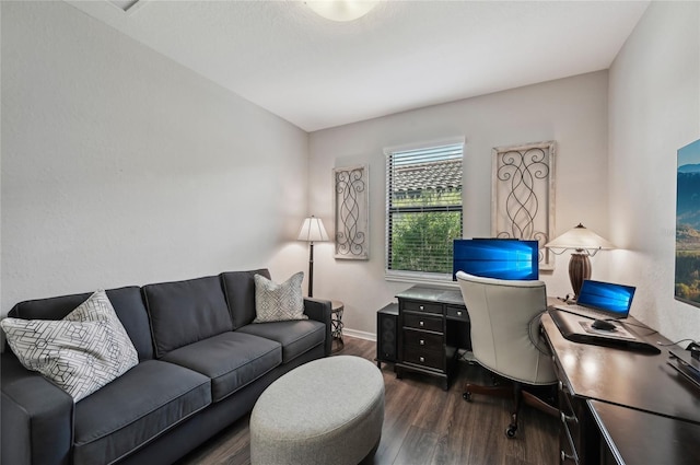 13587 Vancanza Dr, Venice, FL 34293 - home office featuring baseboards and dark wood-style floors