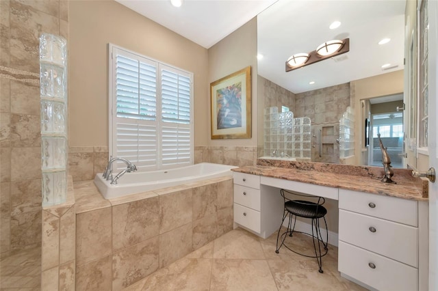7624 Boltons Ct, Bradenton, FL 34201 - full bath featuring a bath, a walk in shower, and recessed lighting