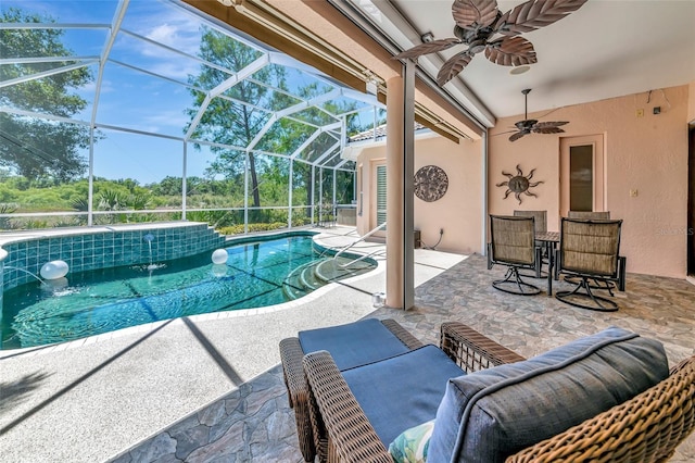 7624 Boltons Ct, Bradenton, FL 34201 - outdoor pool featuring a patio, ceiling fan, a lanai, and outdoor dining space