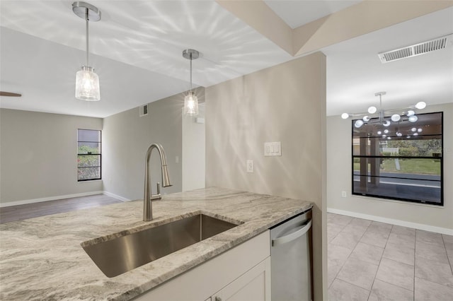 2319 Beneva Ter Unit 2284, Sarasota, FL 34232 - kitchen featuring visible vents, hanging light fixtures, stainless steel dishwasher, a sink, and white cabinets
