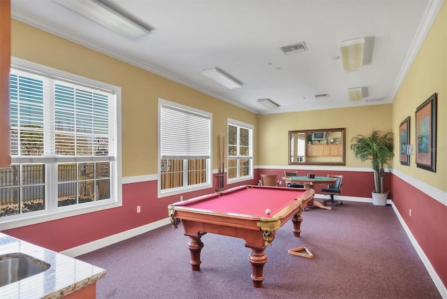 recreation room with carpet floors, pool table, and ornamental molding
