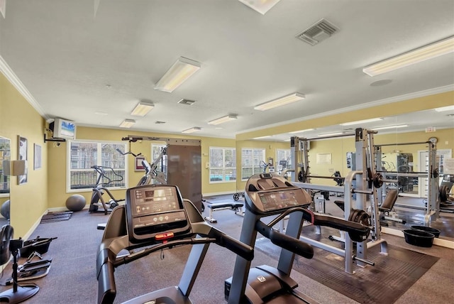 workout area featuring visible vents, ornamental molding, baseboards, and a healthy amount of sunlight
