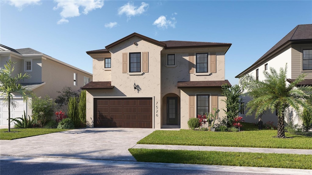 mediterranean / spanish-style house featuring a garage, stucco siding, driveway, and a front yard
