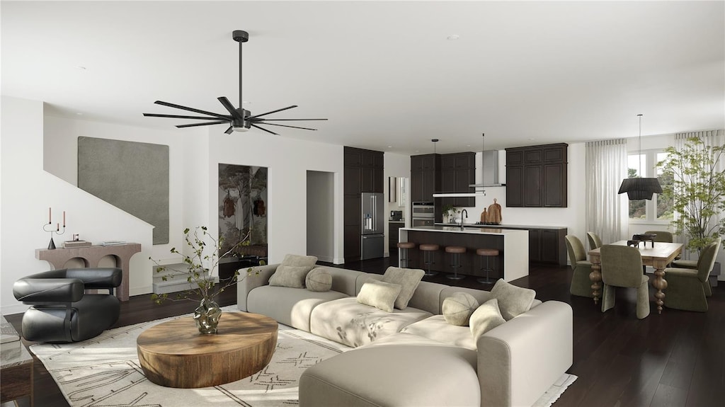 living area with ceiling fan and dark wood-style floors