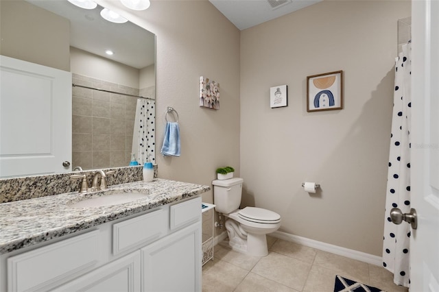 bathroom with tile patterned flooring, vanity, toilet, baseboards, and a shower with curtain