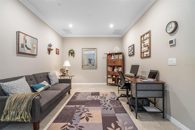 office space featuring recessed lighting, baseboards, ornamental molding, and light tile patterned floors