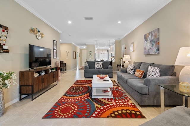 living area with crown molding, recessed lighting, visible vents, and light tile patterned floors