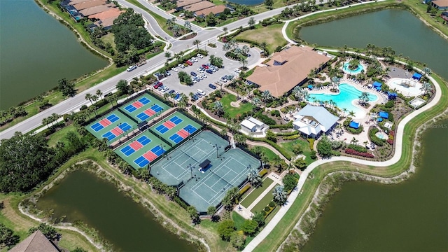 bird's eye view with a water view