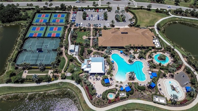 bird's eye view with a water view