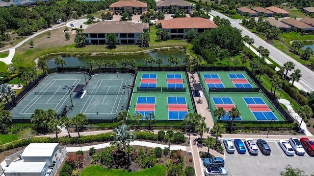 bird's eye view with a water view