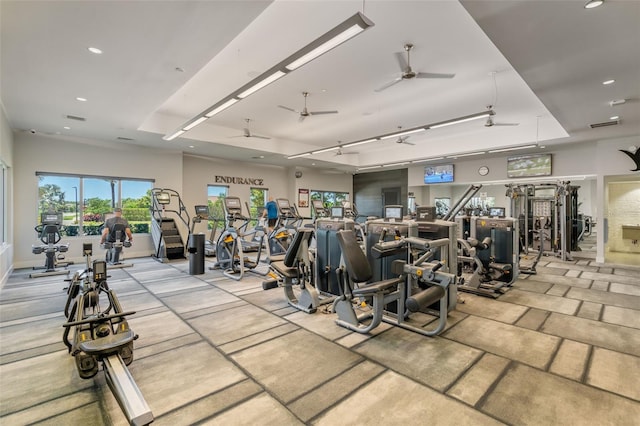 workout area featuring ceiling fan, recessed lighting, and visible vents
