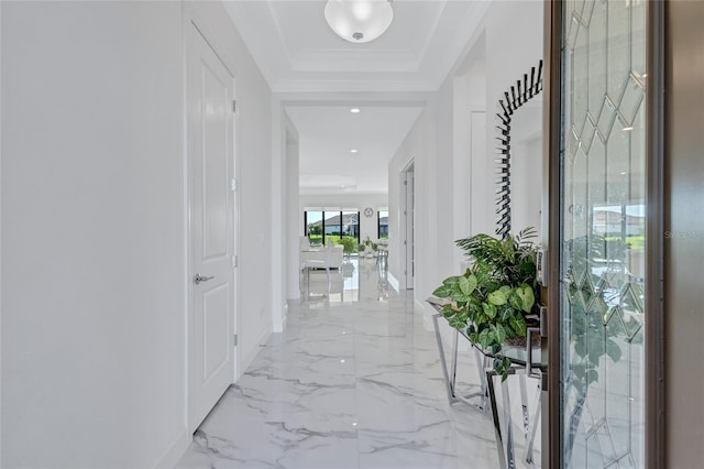 6203 Grandview Hill Ct, Bradenton, FL 34203 - hall featuring light marble finish floors and a raised ceiling
