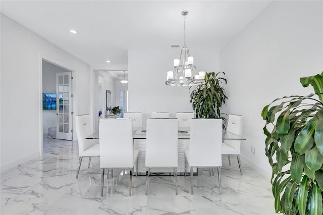 6203 Grandview Hill Ct, Bradenton, FL 34203 - dining room with a chandelier, recessed lighting, and marble finish floors