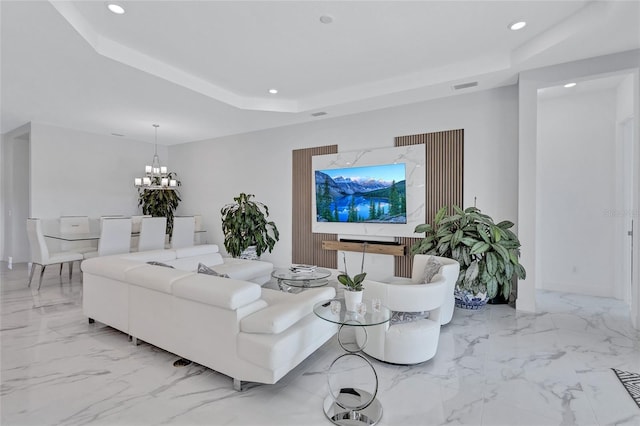 6203 Grandview Hill Ct, Bradenton, FL 34203 - living area with recessed lighting, a tray ceiling, light marble finish flooring, and a chandelier