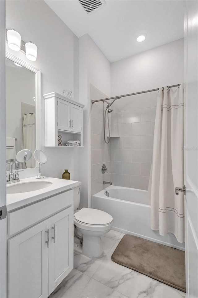 6203 Grandview Hill Ct, Bradenton, FL 34203 - full bath with shower / bathtub combination with curtain, vanity, and marble finish floors