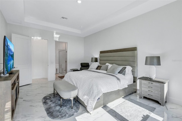 6203 Grandview Hill Ct, Bradenton, FL 34203 - bedroom featuring light marble finish floors, a tray ceiling, and recessed lighting