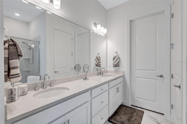 6203 Grandview Hill Ct, Bradenton, FL 34203 - full bath featuring double vanity, marble look tile flooring, and a shower