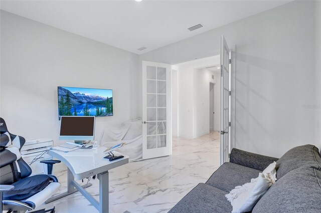 6203 Grandview Hill Ct, Bradenton, FL 34203 - office area featuring marble finish flooring, french doors, and recessed lighting