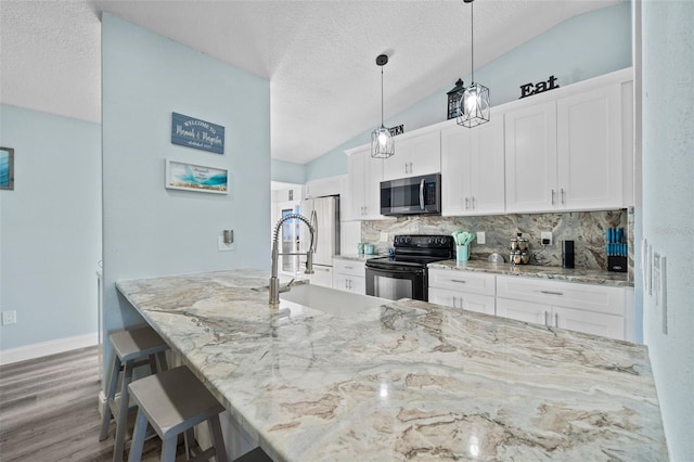 kitchen with wood finished floors, lofted ceiling, a textured ceiling, tasteful backsplash, and stainless steel appliances