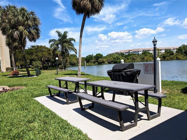 surrounding community featuring a water view and a yard