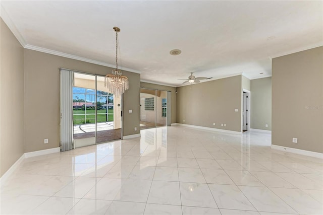 585 Khyber Ln, Venice, FL 34293 - empty room featuring ornamental molding, a chandelier, ceiling fan, and baseboards