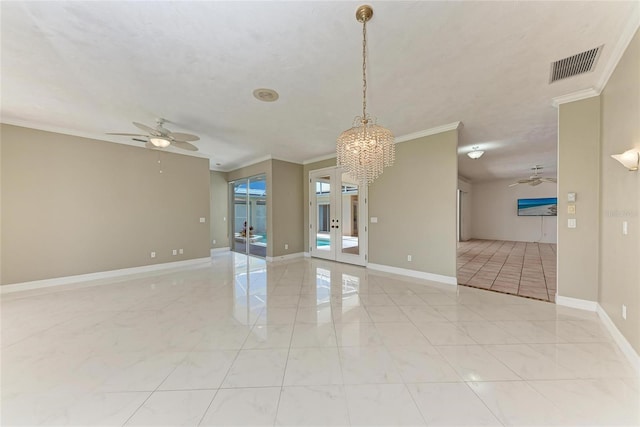 585 Khyber Ln, Venice, FL 34293 - spare room with a ceiling fan, crown molding, a chandelier, baseboards, and light marble finish floors