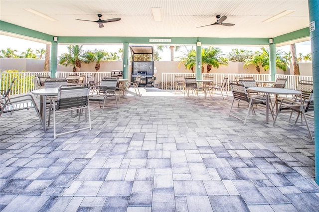 view of patio / terrace with a ceiling fan, fence, and outdoor dining space