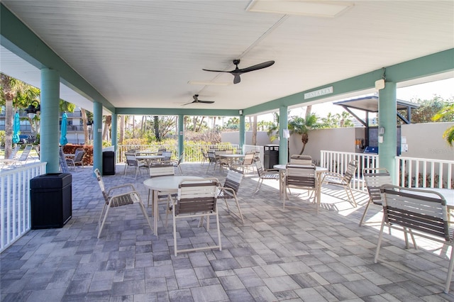 view of patio / terrace featuring outdoor dining area, a ceiling fan, and fence