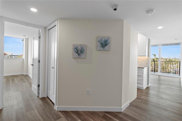 hall featuring baseboards, recessed lighting, wood finished floors, and a wealth of natural light