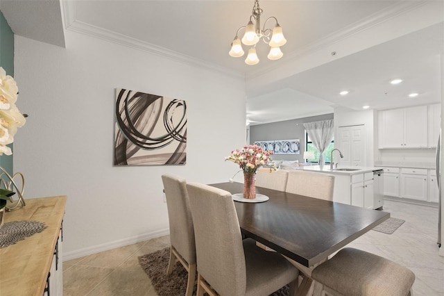 dining area featuring a chandelier, ornamental molding, recessed lighting, baseboards, and light tile patterned floors