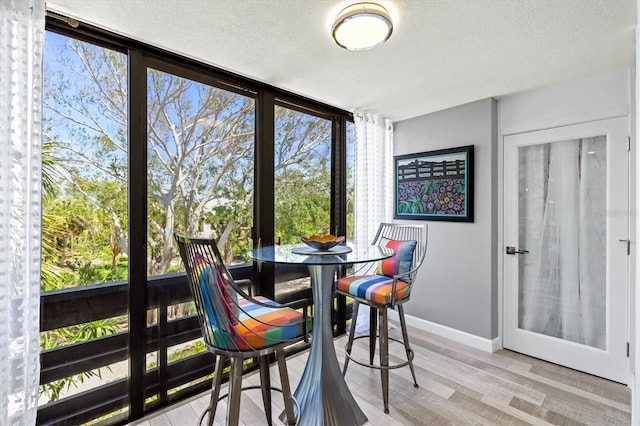 dining area featuring baseboards, light wood finished floors, floor to ceiling windows, and a textured ceiling