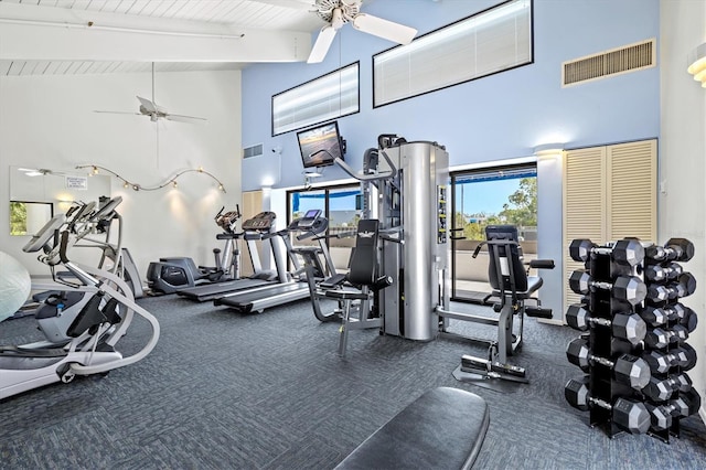 workout area featuring high vaulted ceiling, visible vents, ceiling fan, carpet floors, and wood ceiling