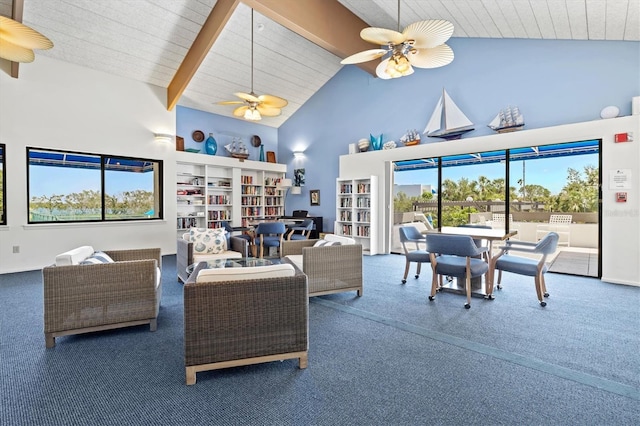 living room featuring carpet, wood ceiling, high vaulted ceiling, ceiling fan, and beamed ceiling