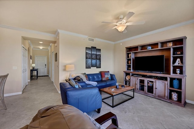 living area with crown molding, baseboards, ceiling fan, and visible vents