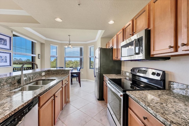kitchen with crown molding, a chandelier, appliances with stainless steel finishes, and a sink