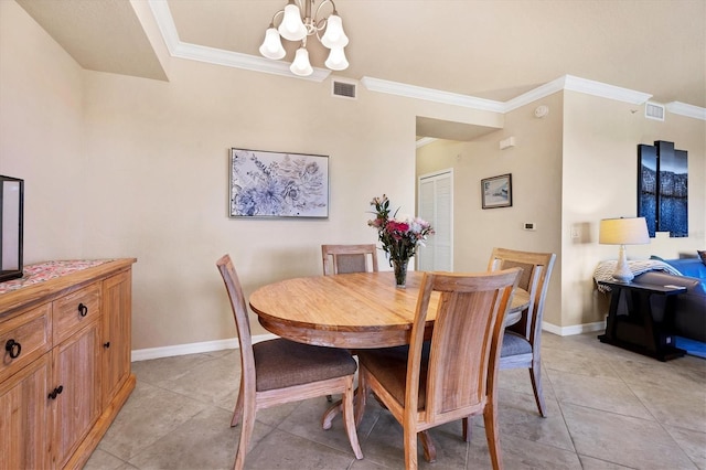 dining area with ornamental molding, a notable chandelier, light tile patterned floors, and visible vents