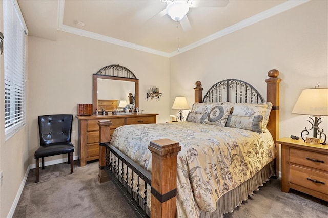bedroom featuring ornamental molding, carpet, baseboards, and ceiling fan