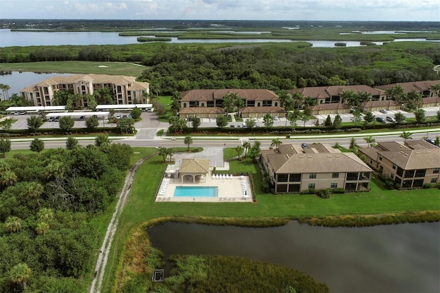 bird's eye view with a water view