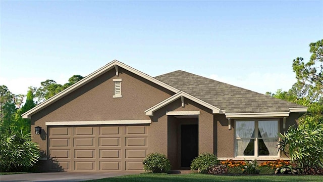 4517 Dusky Dawn Ln, Palmetto, FL 34221 - ranch-style home featuring a garage, roof with shingles, stucco siding, and driveway
